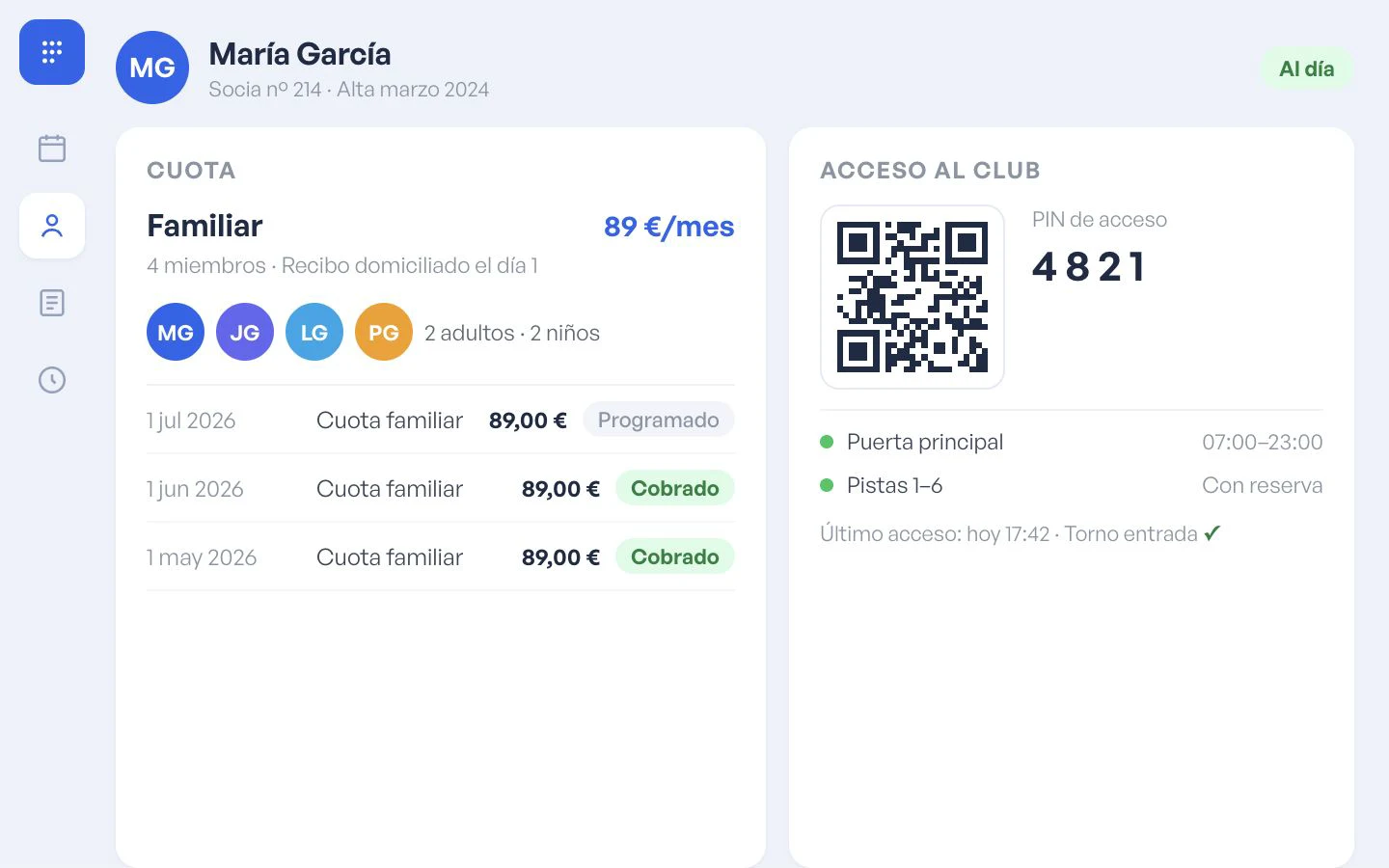 A member's profile in Playzen with her family membership, collected receipts and club access with QR and PIN