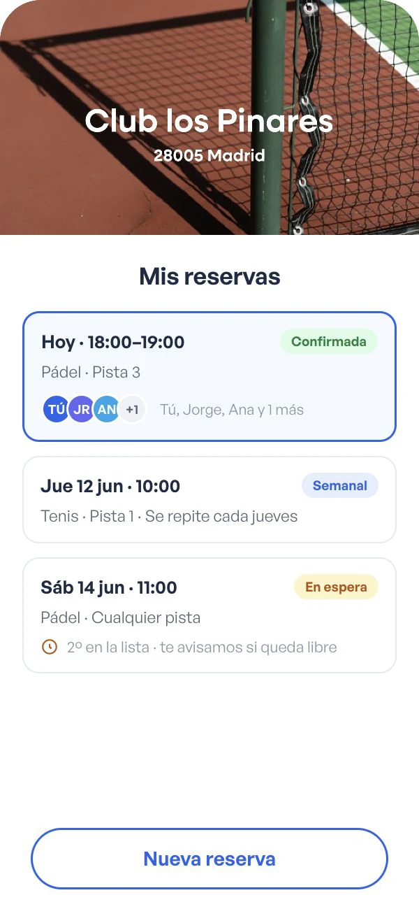 Playzen app with a member's upcoming bookings, a weekly booking and a waiting-list spot